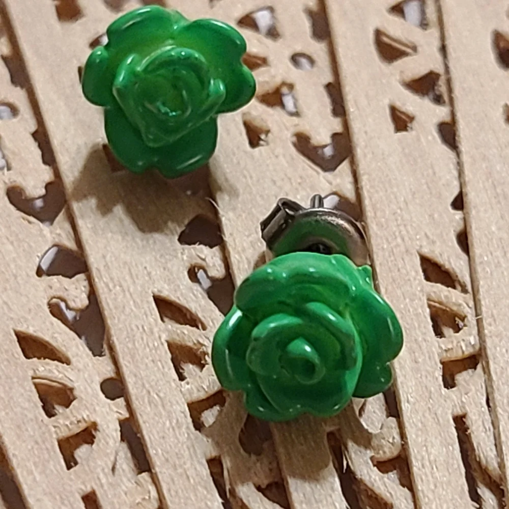 Green Rose Stud Earrings